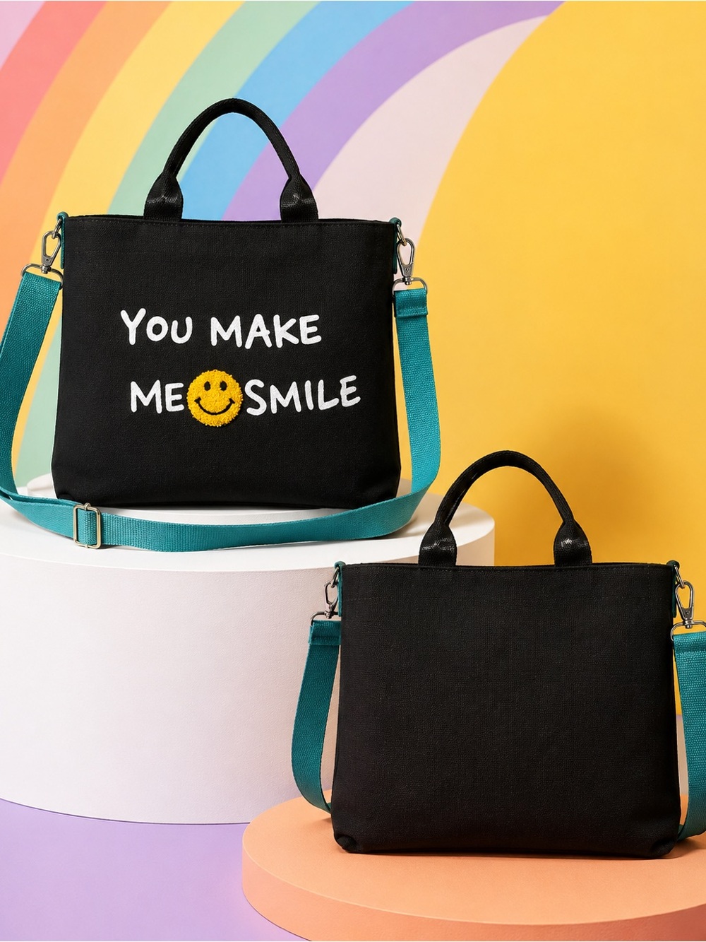Black Canvas Tote Bag with Teal Strap - You Make Me Smile